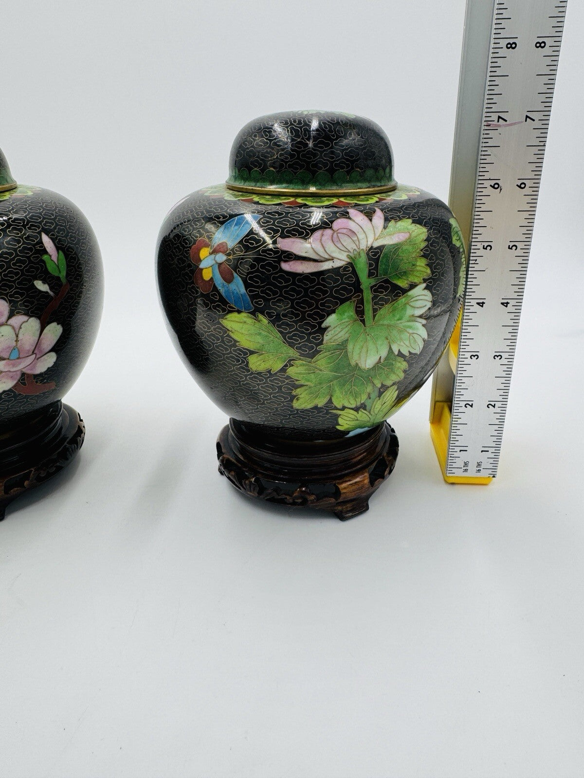 Vintage Cloisonne Brass Enameled Ginger Jar Floral Butterfly Inlay Design 7in