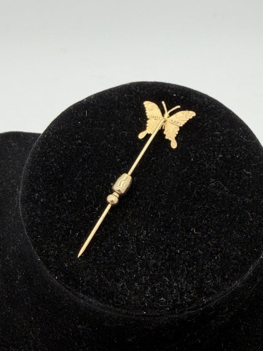 14K Solid Yellow Gold Signed B.A BALLOU B.A.B BUTTERFLY Hat Stick Pin Vtg 1.8g