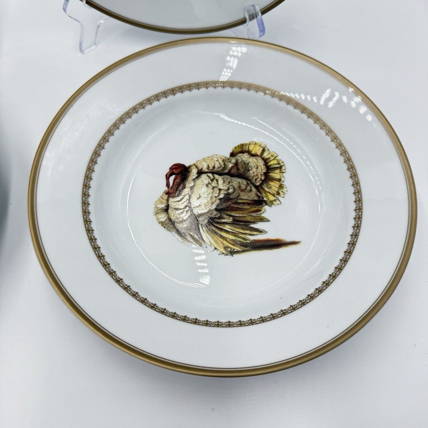 Estate Turkey Rim Soup Bowls Williams Sonoma Pasta Gold Trim Tom Gobbler 4 PCs