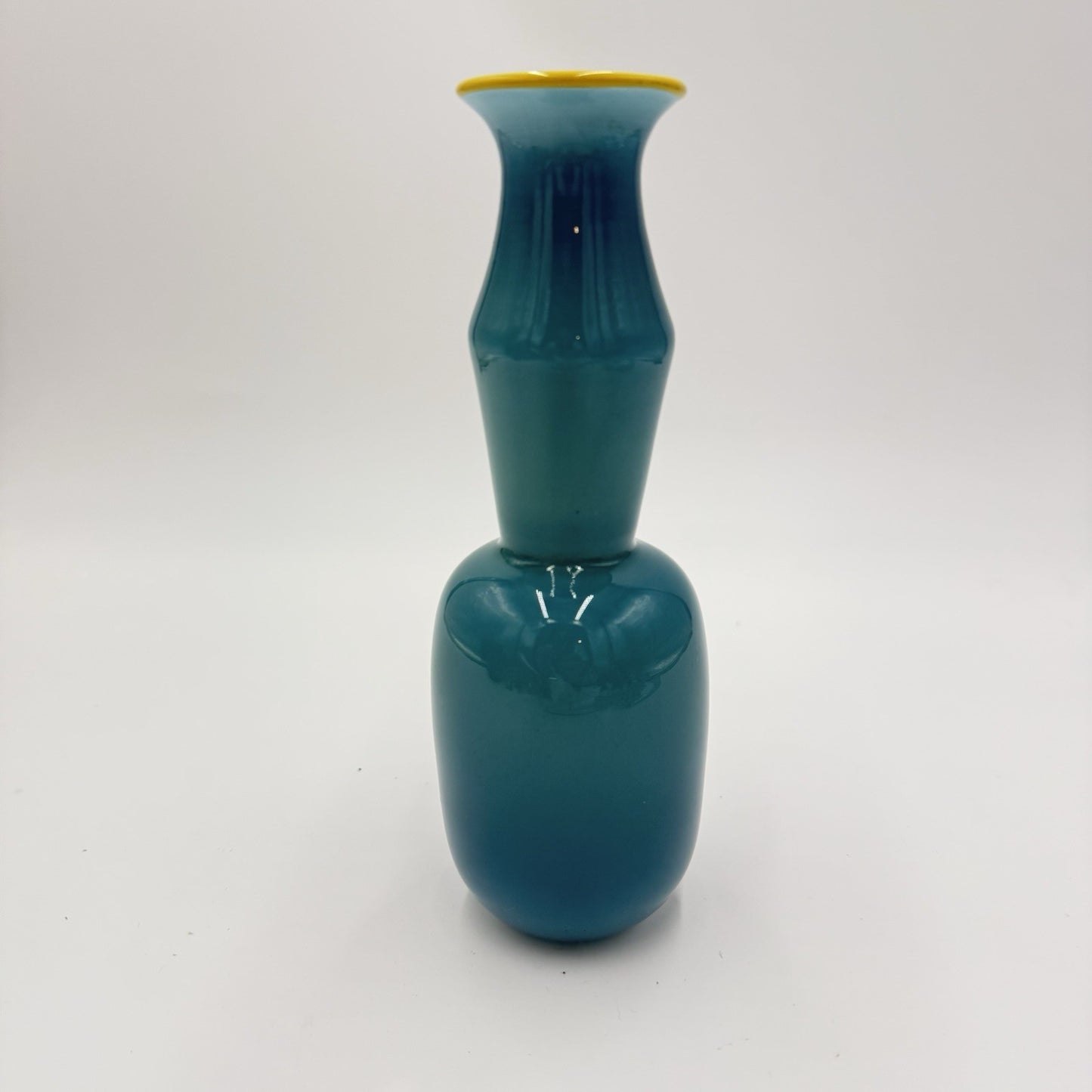 studio PARAN Hand blown Art glass vase aqua color 7.5” Signed Yellow Rim 2002