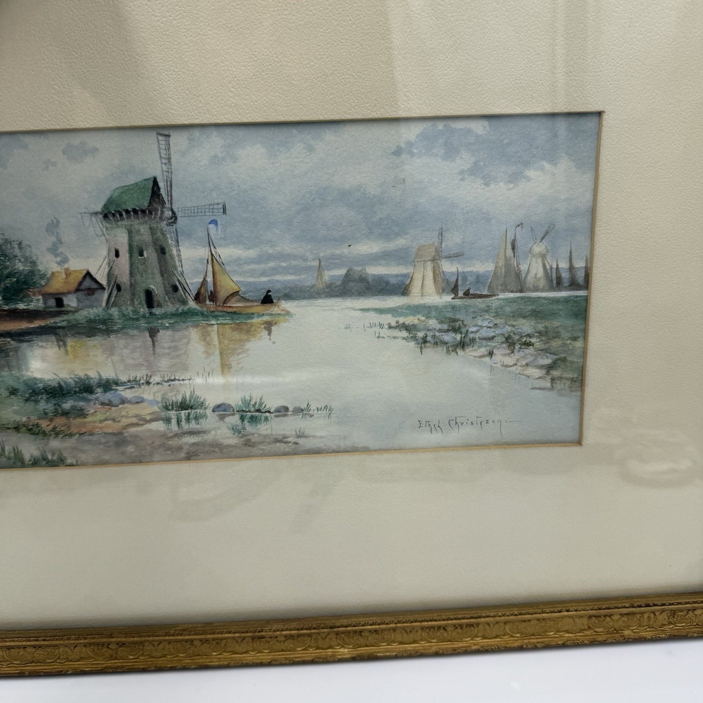Dutch Scene Windmill & Boats Watercolor Painting signed Ethel Christpson Origin
