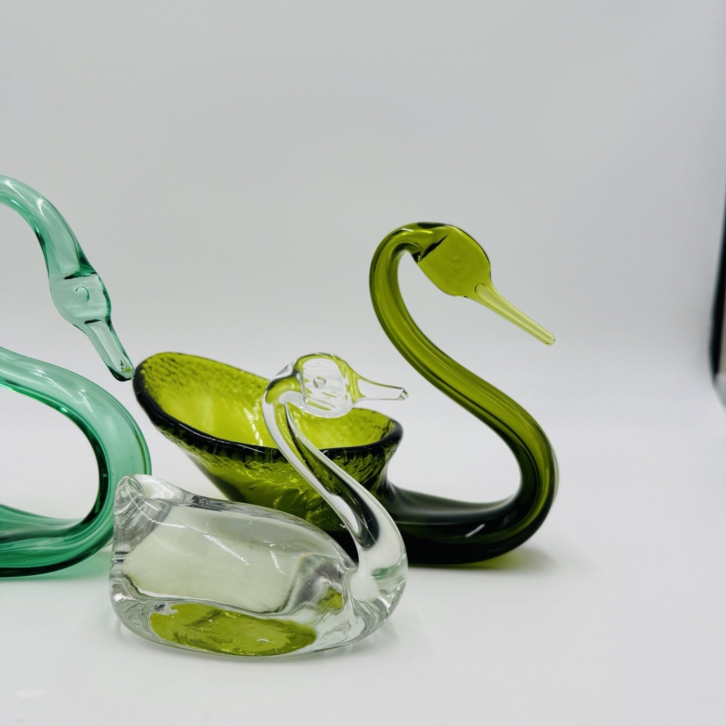 Viking Swan Figurines Art Glass Green Avocado Clear Vintage MCM Set 3 Pieces