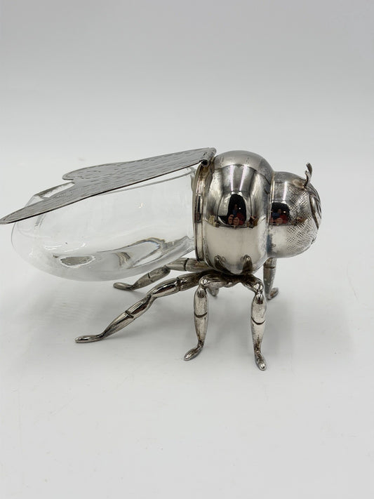 Antique Silver Plate & Glass Honey Bee Honey Pot Unmarked 6" Long x 3" Tall
