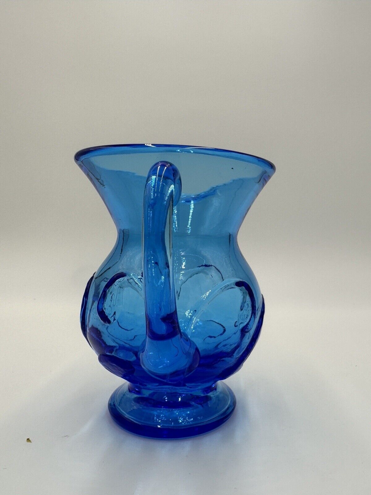 Electric Blue Pitcher Art Glass Hand Blown Floral Pressed Handled Decor Vintage