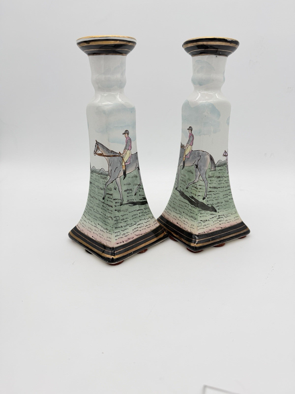 Vintage Chinese Equestrian Hand-Painted Porcelain Candle Holder by Nieman Marcus