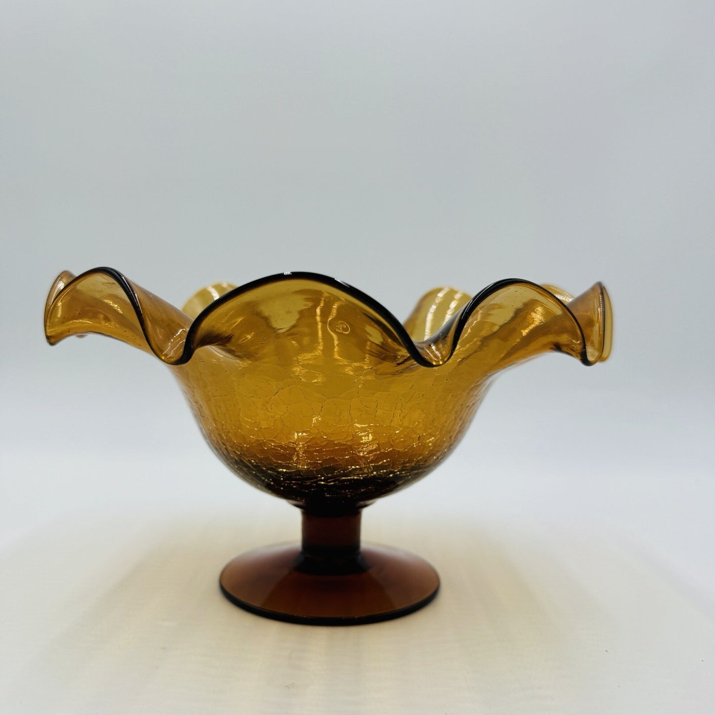 Blenko Art Glass Amberina Footed Vase Ruffled Crackled Compote 5.5in H x 9inW