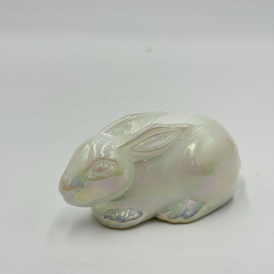 Vintage Mosser Art Glass Iridesent Bunny Rabbit Figurine White Small Easter 1”x3