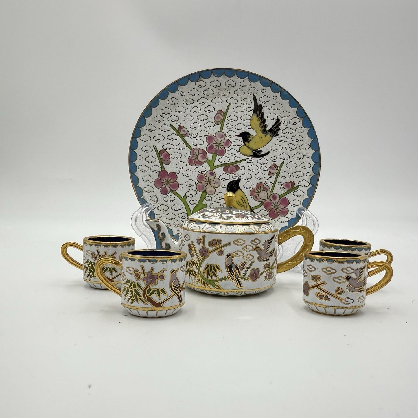 Vtg Cloisonné Enamel Chinese Bird Pattern Miniature Tea Set Dollhouse 6 PCs