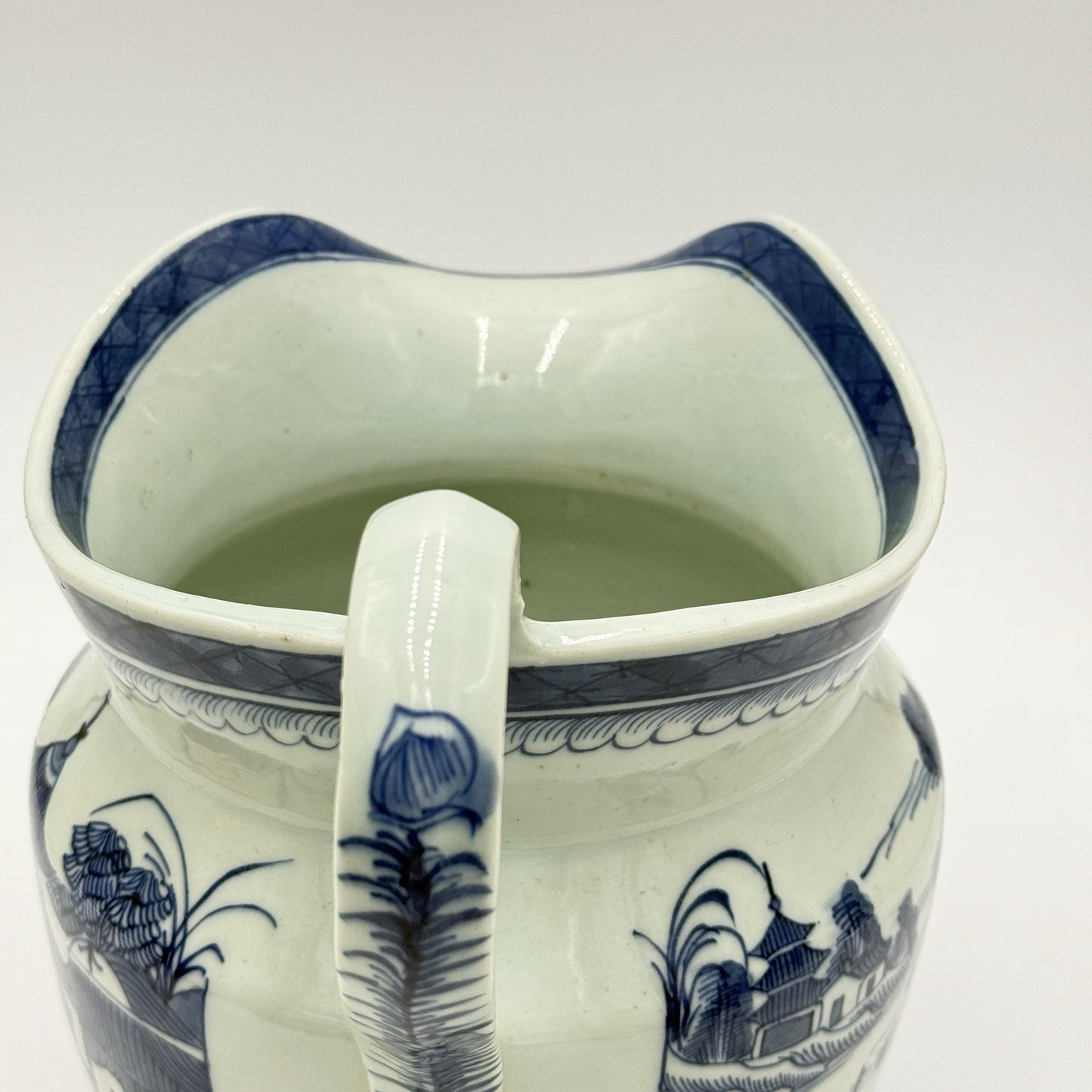 Antique Chinese Blue & White Canton Export Porcelain Large Pitcher 9”H x12” L