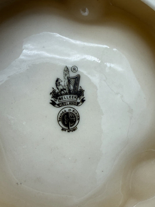 Antique Belleek Ireland 4”Ashtray Basketweave 3rd Black trademark 1926 Porcelain