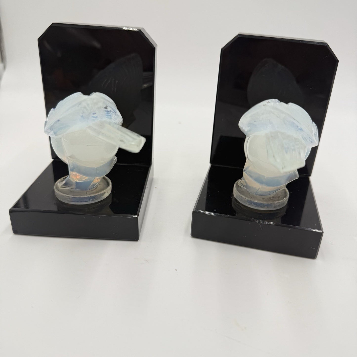 Sabino France Opalescent Art Glass Moineau Gourmand Sparrow Bookends Marble Base