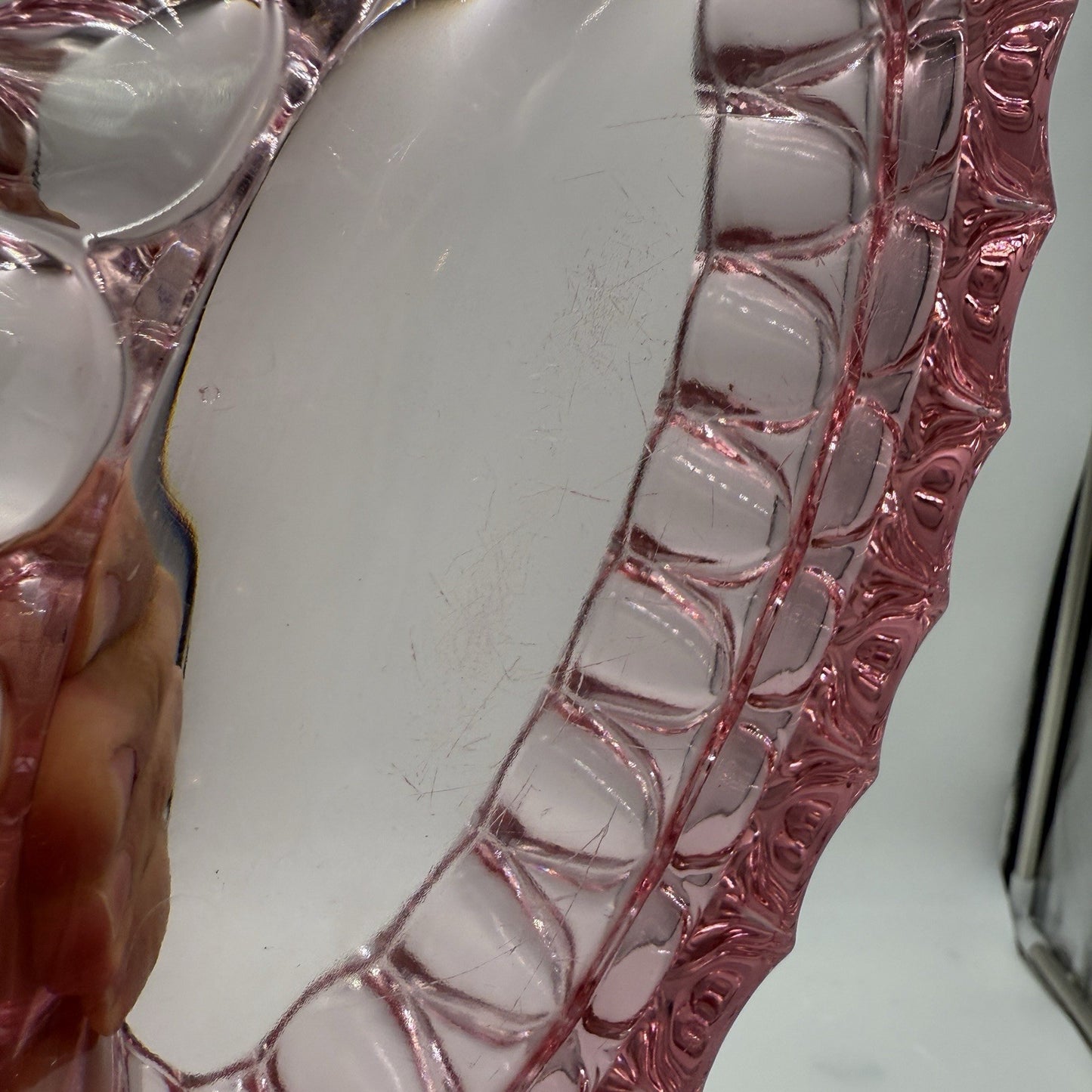 Vintage Fostoria Art Glass Pink Faceted Oval Bowl # 189 MCM 1960 Measure 9”x3”