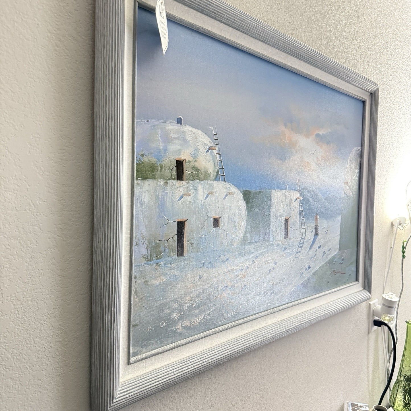 K. Mescal Oil Painting On Canvas Southwest Native American Town Sunset 29”x 41”