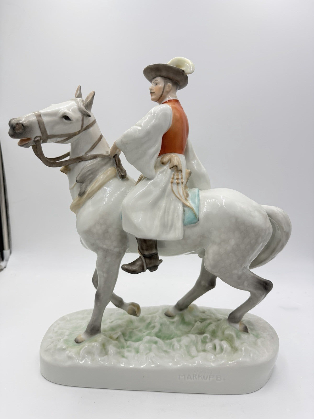 Large Herend Hungary porcelain sculpture #5593 Csikos man on horseback 16”H Mint