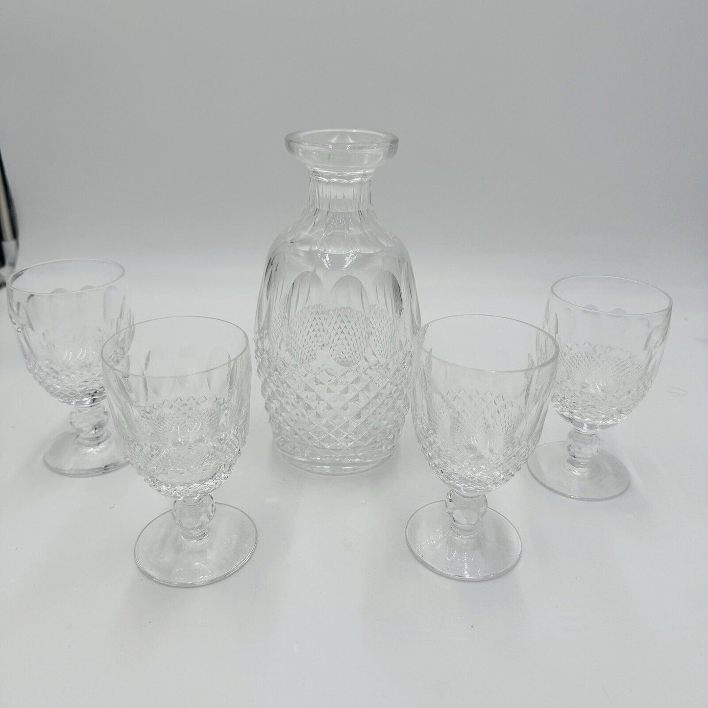 Waterford crystal colleen pattern decanter & 4 claret wine glasses Irish Clear
