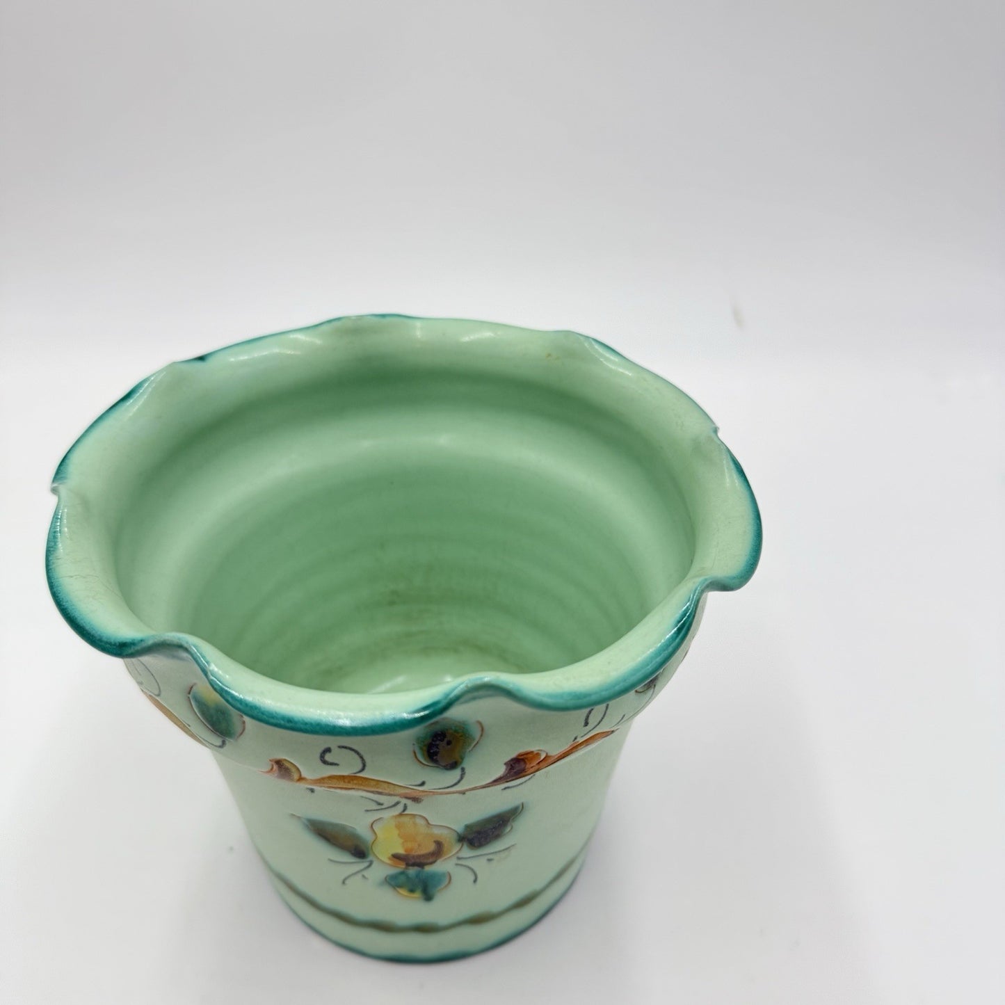 Vintage 1983 KBNY Art Pottery Italy Hand Painted # 1554/150 Green Planter 5”x6”