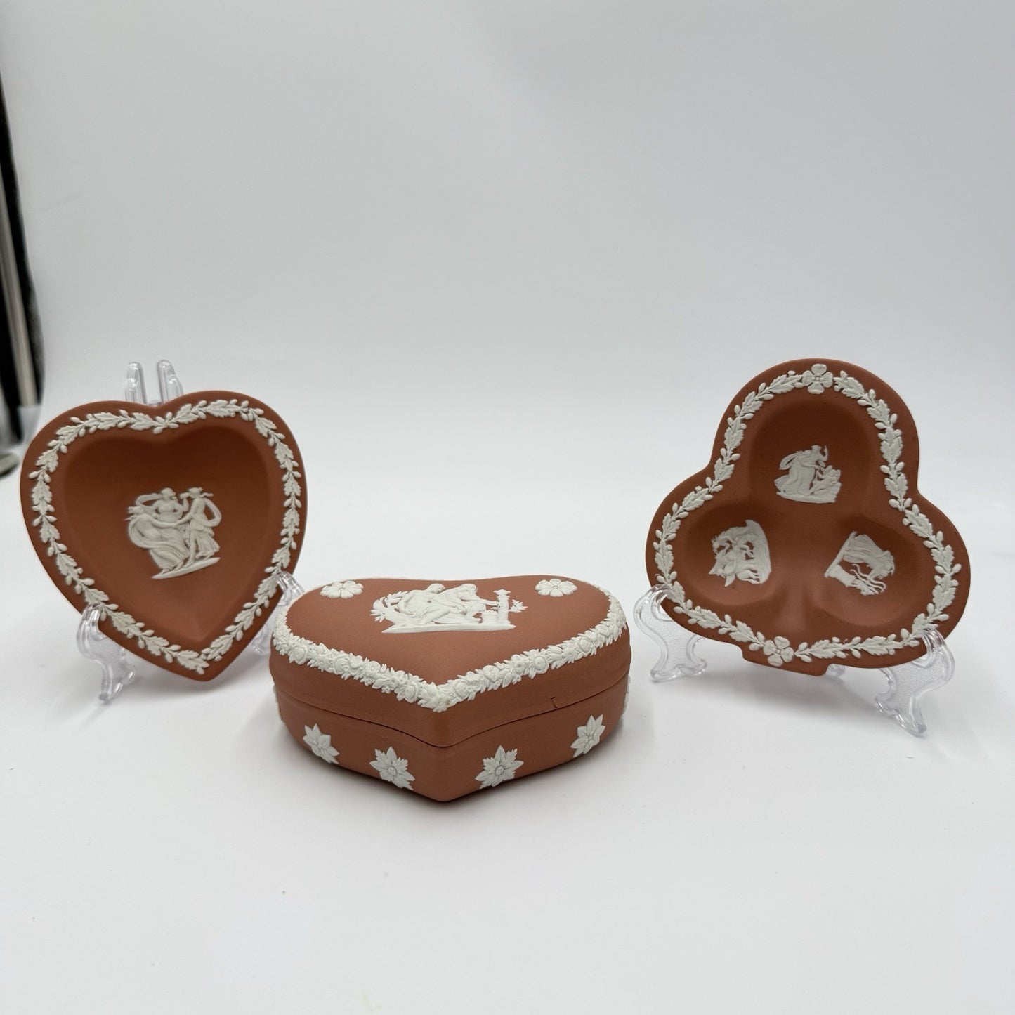 Wedgwood England Jasperware Terracota Trinket Box and Jewelry Trays Set Greek