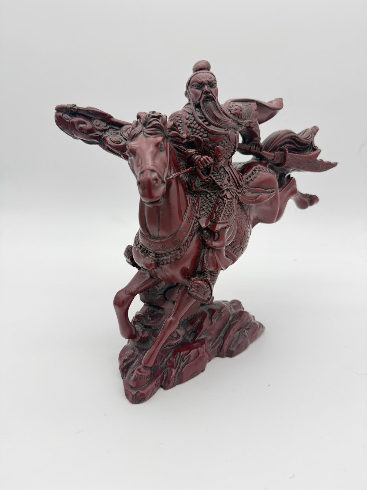 Large Chinese Red Resin Guan Yu Warrior Riding Galloping Horse Sculpture 10”x12”
