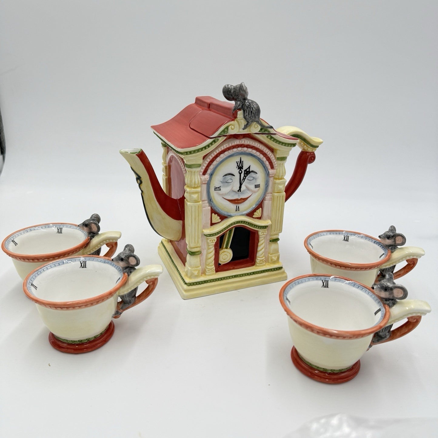Dept 56 Storybook "Hickory Dickory Dock" Handpainted Ceramic Teapot & 4 Tea Cups