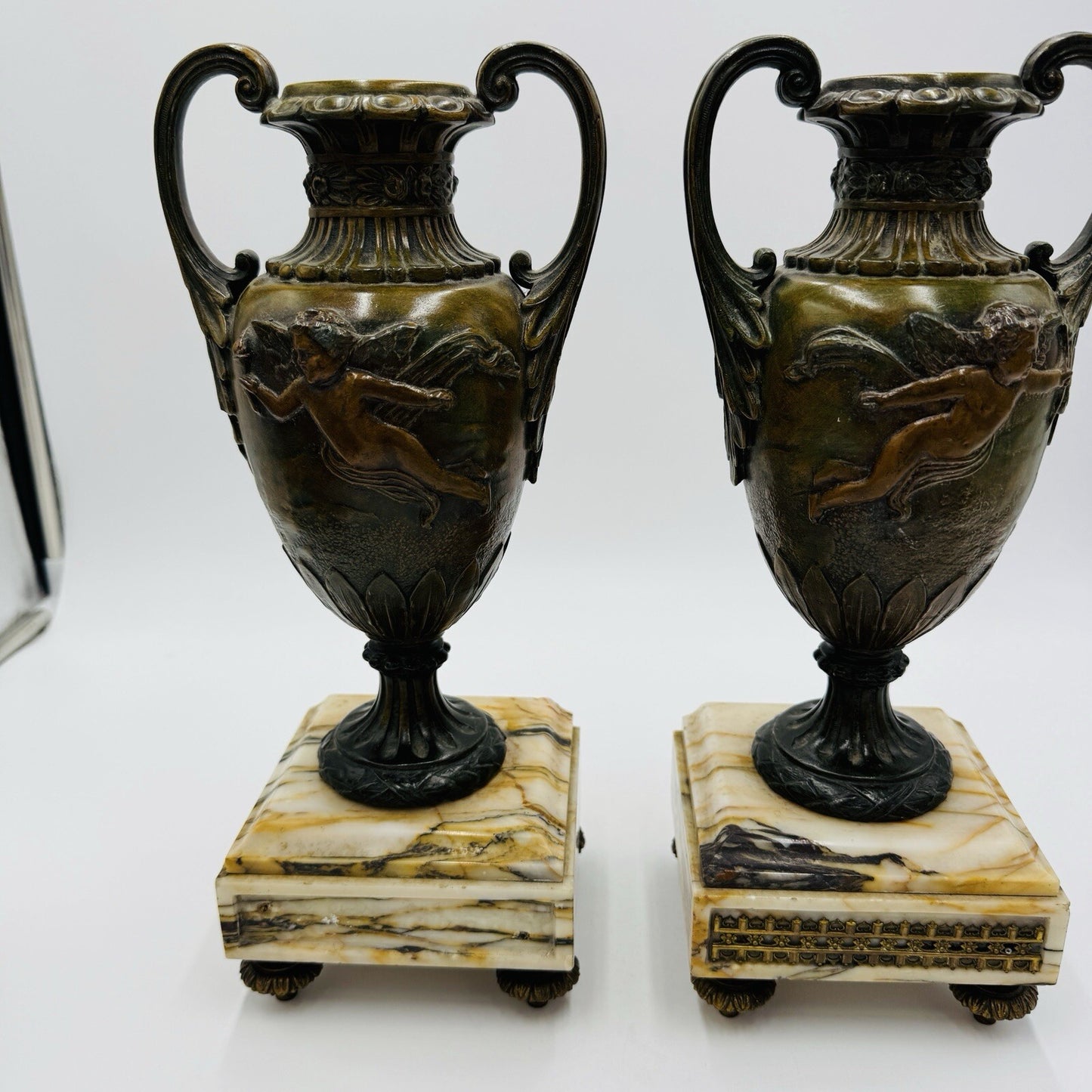 French metal vases rare 1800s Chateau ornate chimney cherubs marble base 13.5in