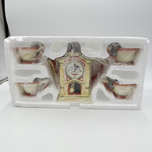 Dept 56 Storybook "Hickory Dickory Dock" Handpainted Ceramic Teapot & 4 Tea Cups