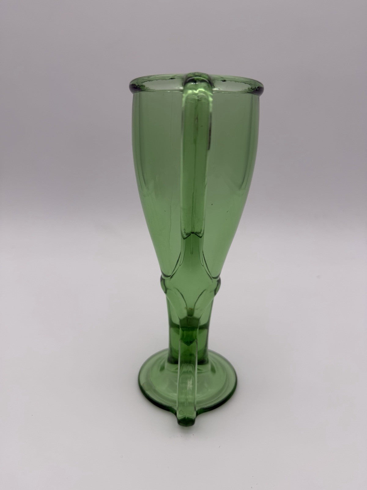 Fostoria Art Glass TUT Green Uranium Trophy Double Handle Flower VASE 8” Flawed)