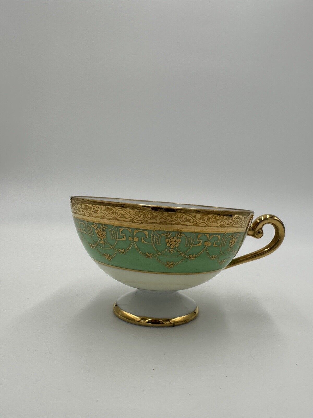 Czchoslovakia Bohemia Teacup Footed 24K Gold Encrusted Green Serveware Porcelai