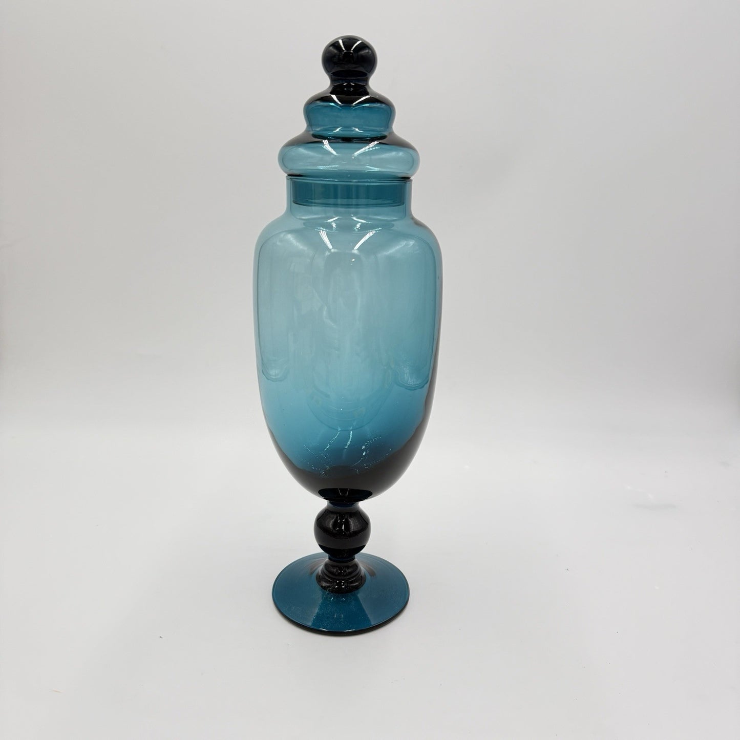Rare Empoli Teal Italy MCM Blue Footed Apothecary Jar Lidded Vase 13” Art Glass