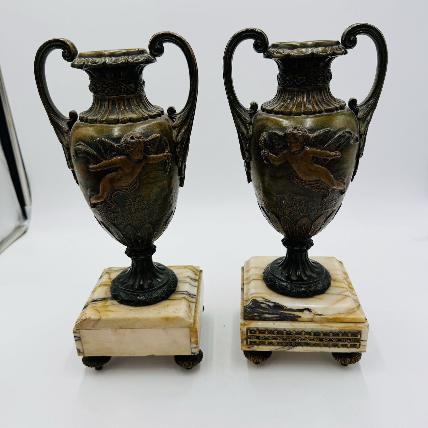 French metal vases rare 1800s Chateau ornate chimney cherubs marble base 13.5in