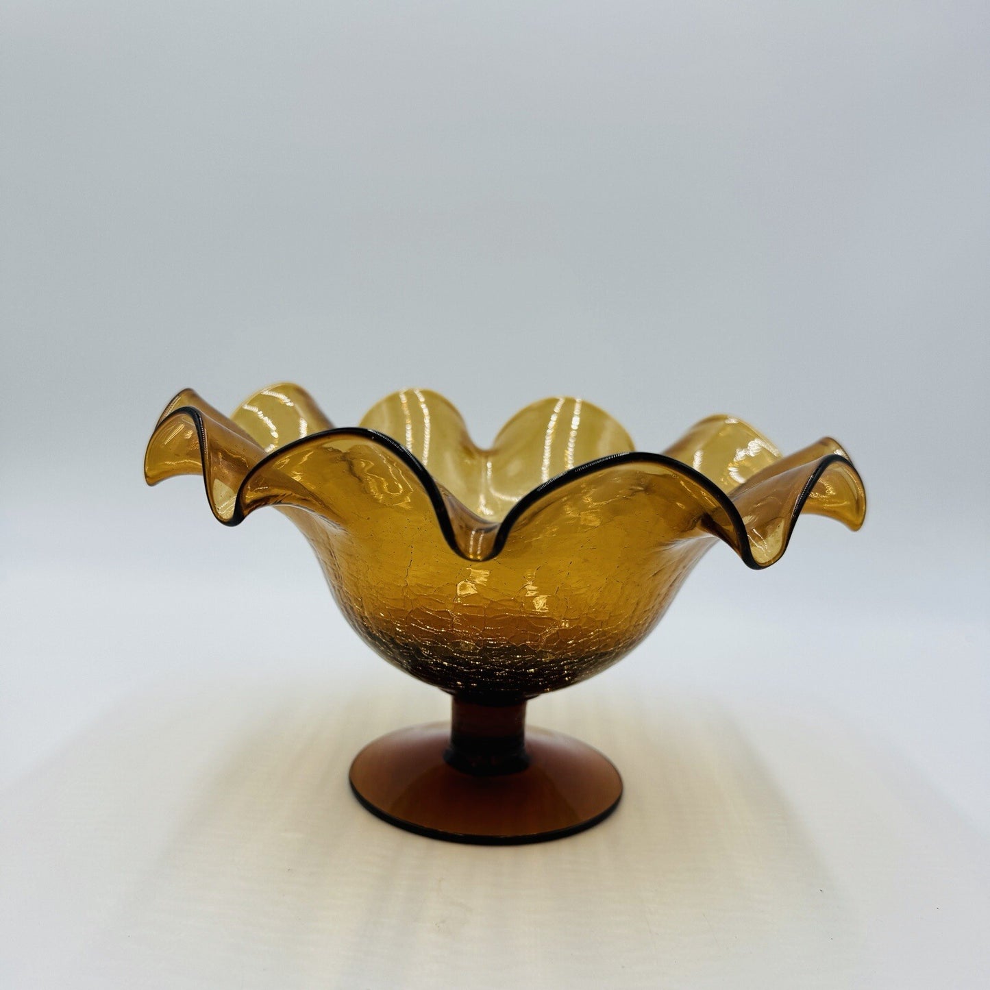 Blenko Art Glass Amberina Footed Vase Ruffled Crackled Compote 5.5in H x 9inW