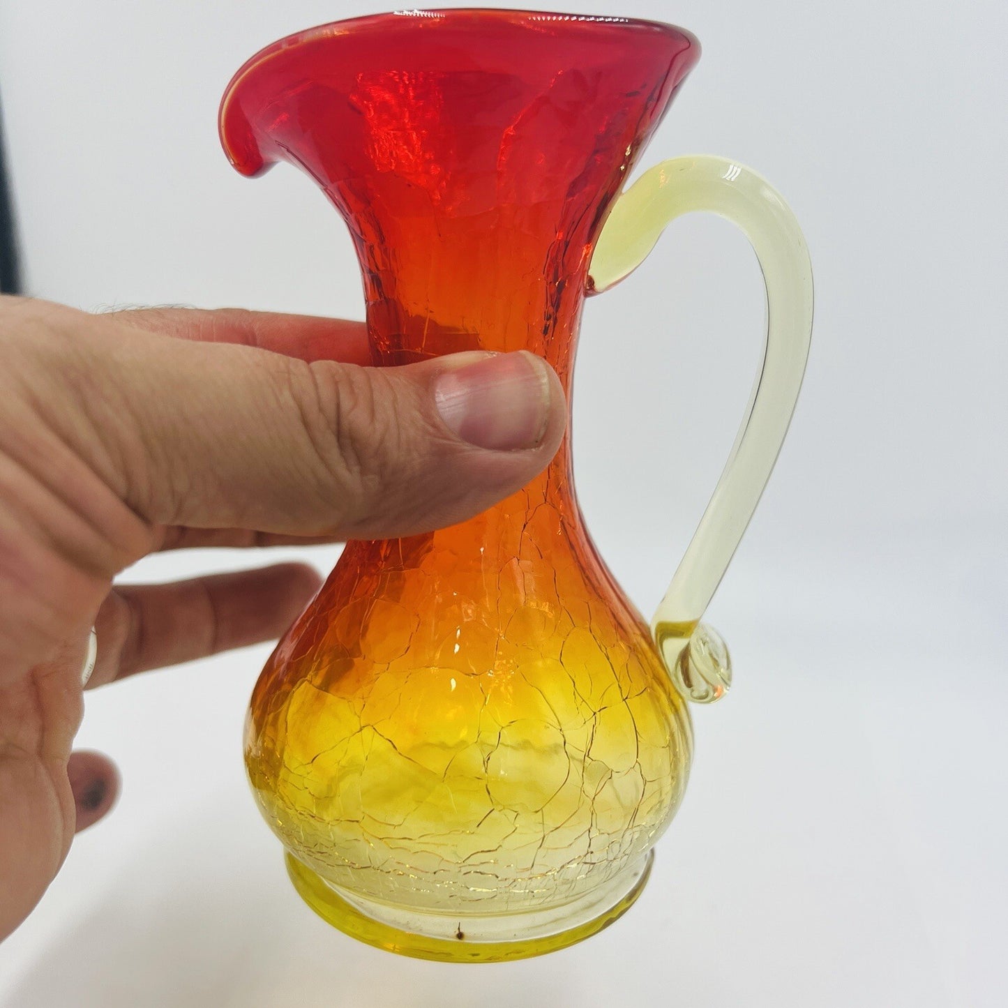 Pitcher Vase Crackle Glass Amberina Hand Blown Art Mini Vintage Red Yellow