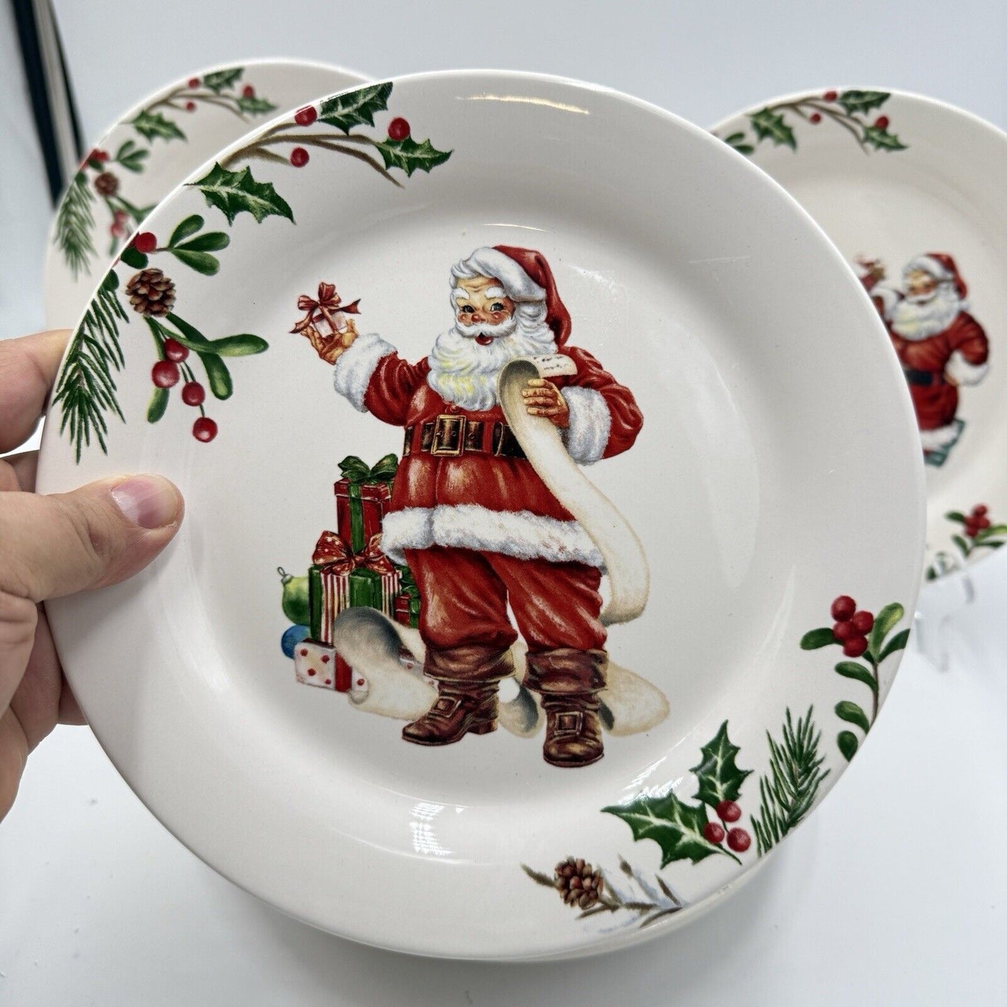 Pier 1 Ironstone Winter Wonders 9" Salad Plate 4 Different Santas White Red Rare
