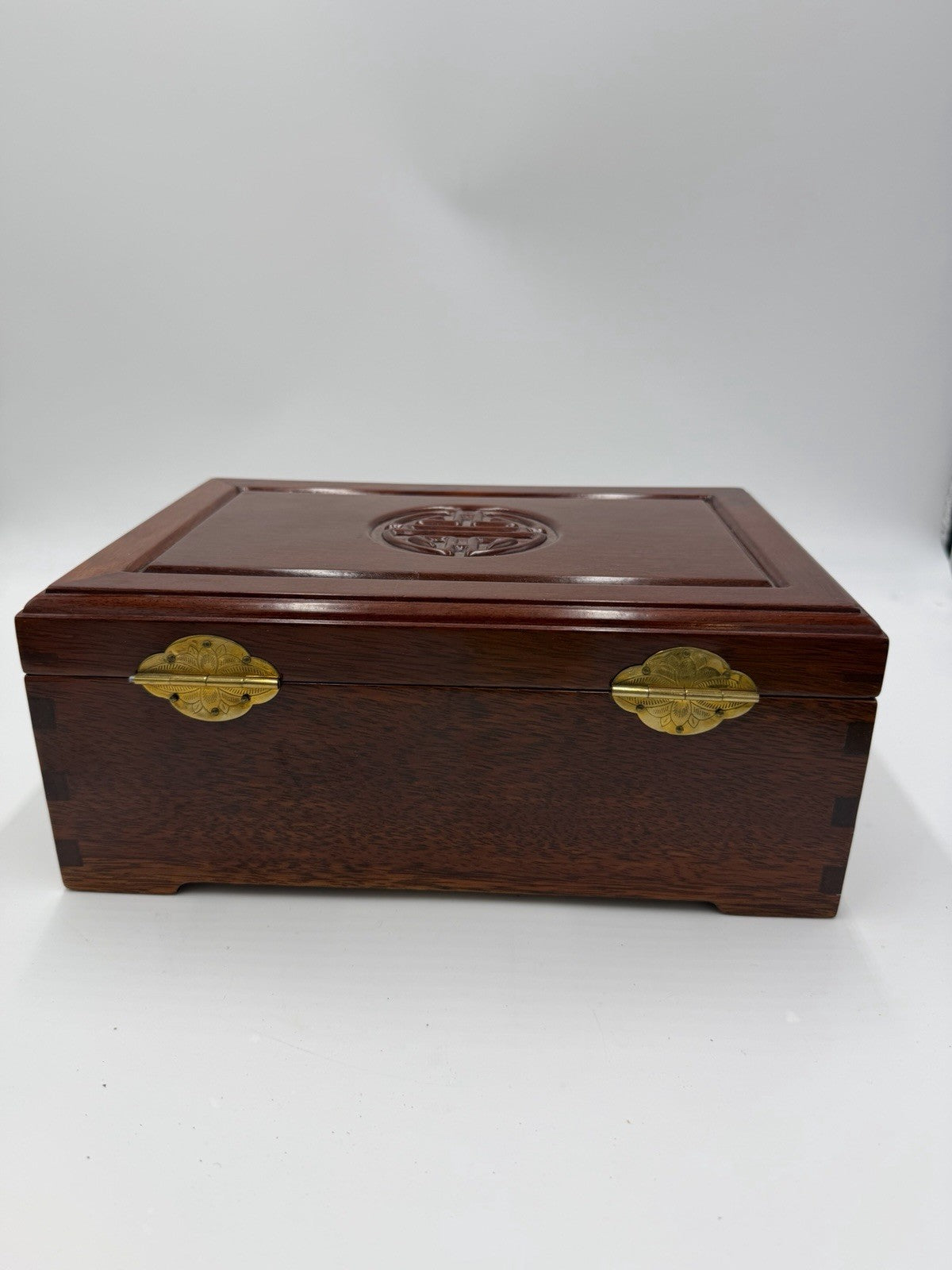 Vintage Chinese Jewelry Carved Rosewood Brass Accents Red Lining Jewelry Box