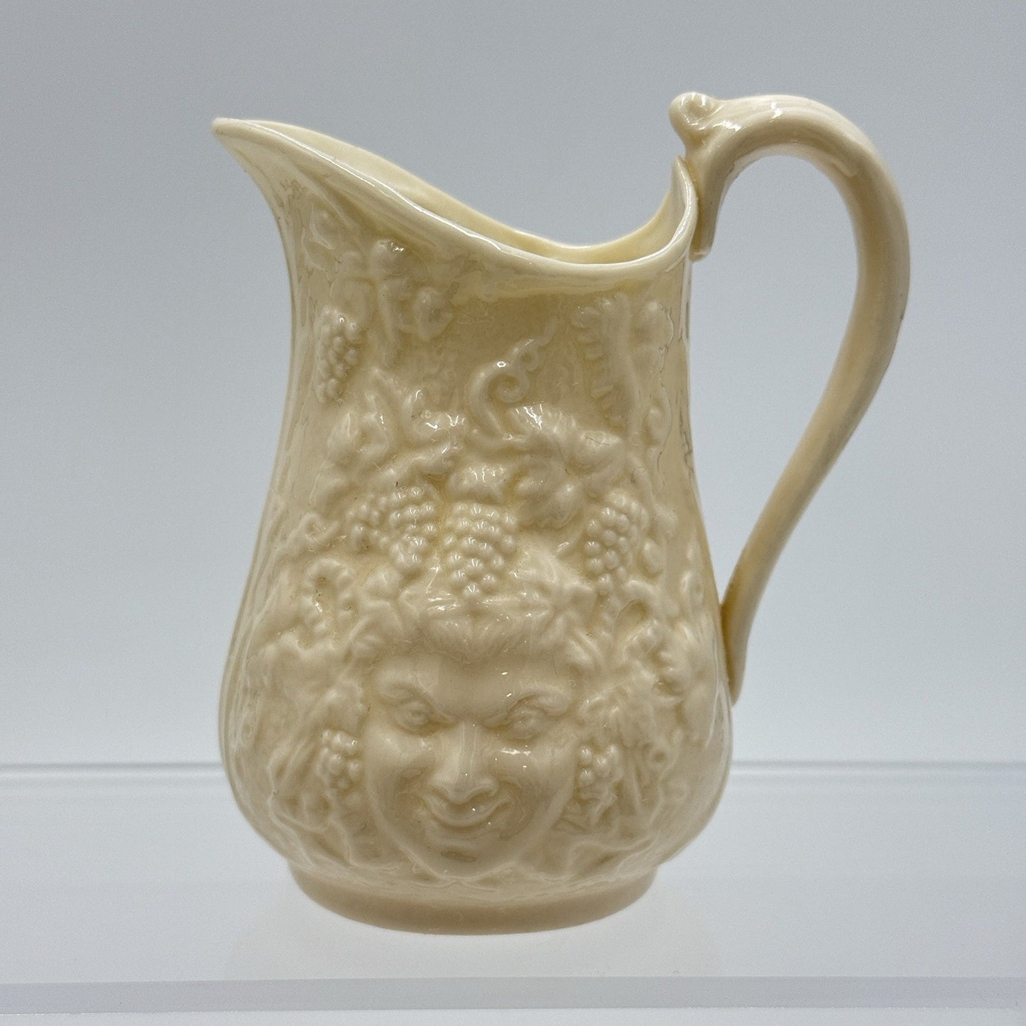 Belleek Irish Porcelain Bacchus Mask Grapes Embossed 4” Pitcher