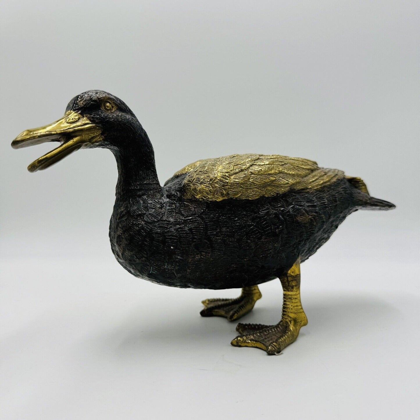 Brass Duck Mallard Sculpture Detailed Vintage 6in H x 11in L Rare MCM Solid