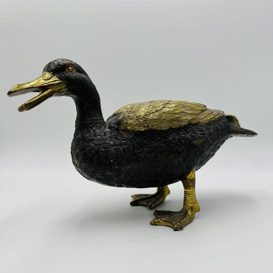 Brass Duck Mallard Sculpture Detailed Vintage 6in H x 11in L Rare MCM Solid