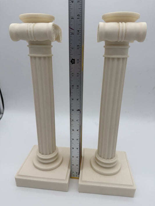 2 Alabaster Carved Roman Columns Corinthian Sculpture Candle Holders 15.5”x5”