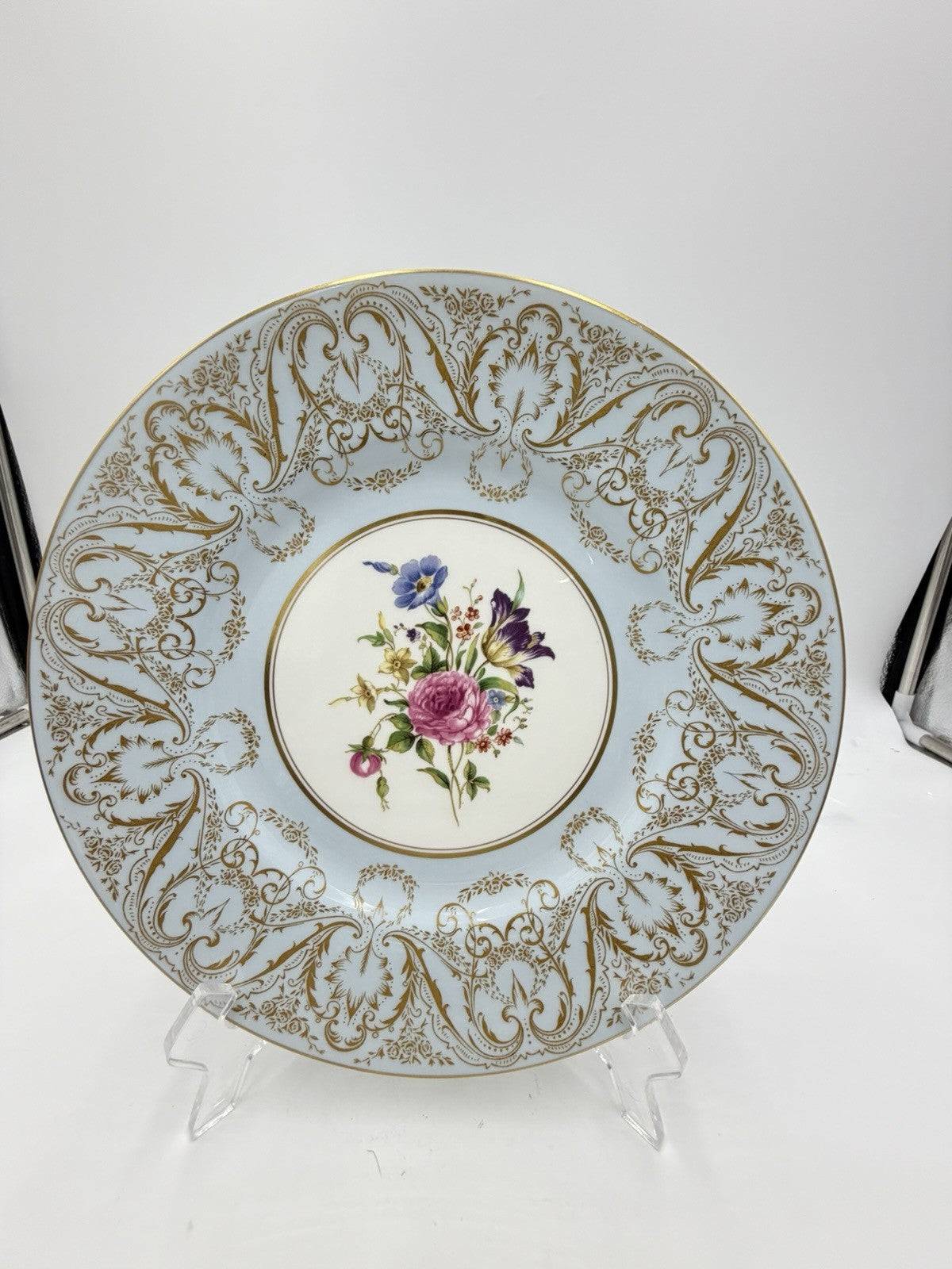Royal Worcester England Embellished Floral Light Blue Gold Trim Dinner 10” Plate