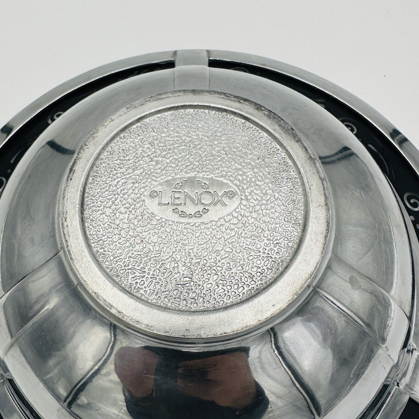 Lenox Serving Bowl Black Glass Decorative Rim Spyro Round Salad Metal Ware