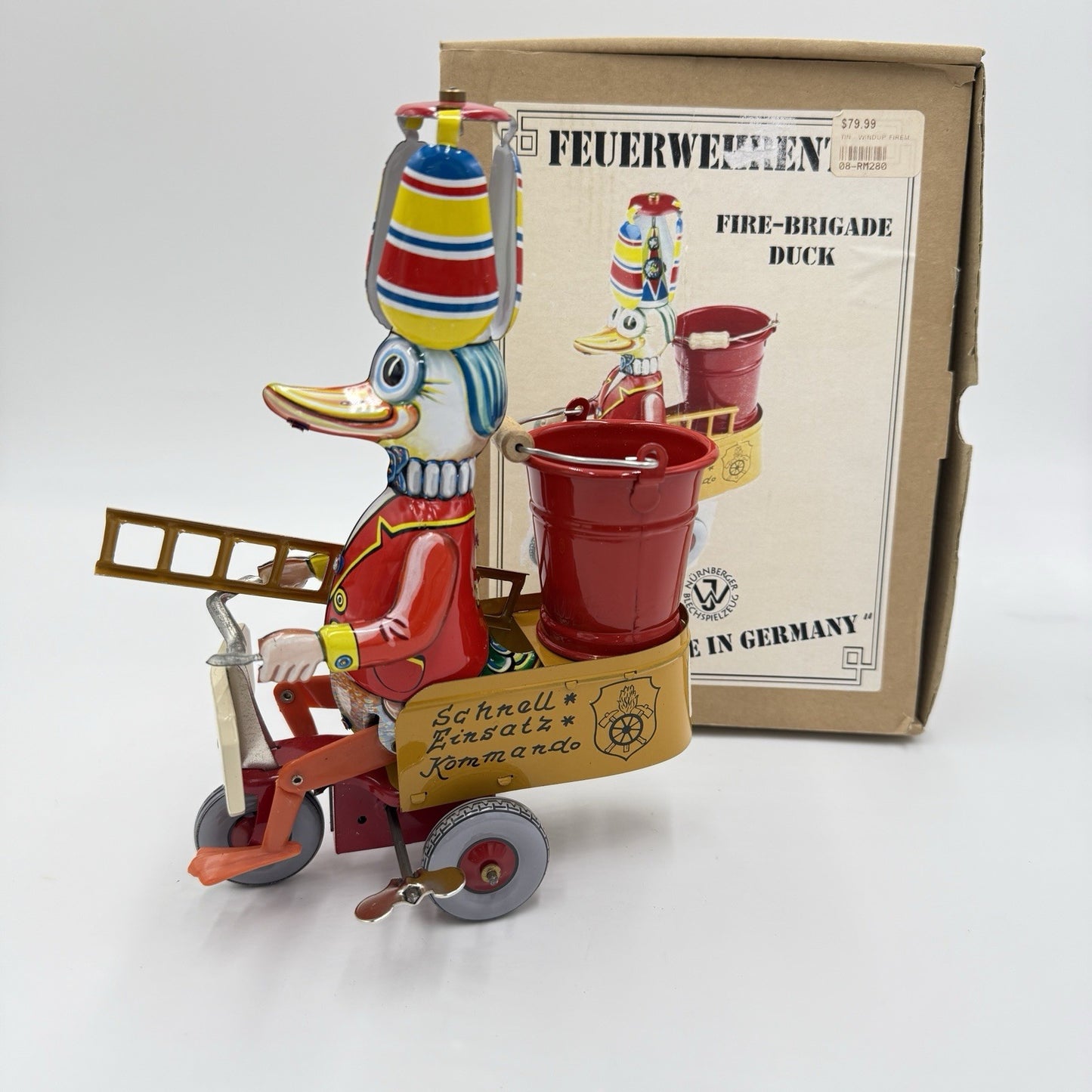 Fire Brigade Duck Tin Toy Germany Wilesco #280 Blechspielzeug Windup Works Boxed