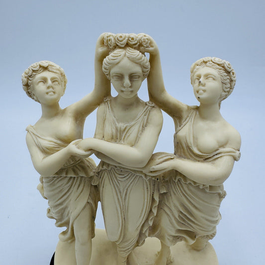 Signed P.A.T Italy Alabaster Three Graces Figurine Marble Black Base Sculpture