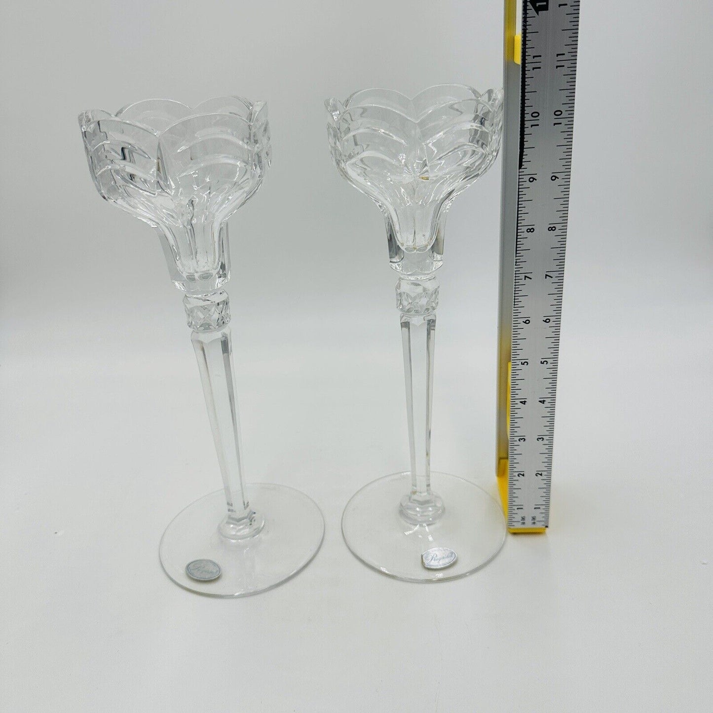 Rogaska Crystal Scalloped Wave Tall Candlestick Holders 10 1/2in Clear Vintage