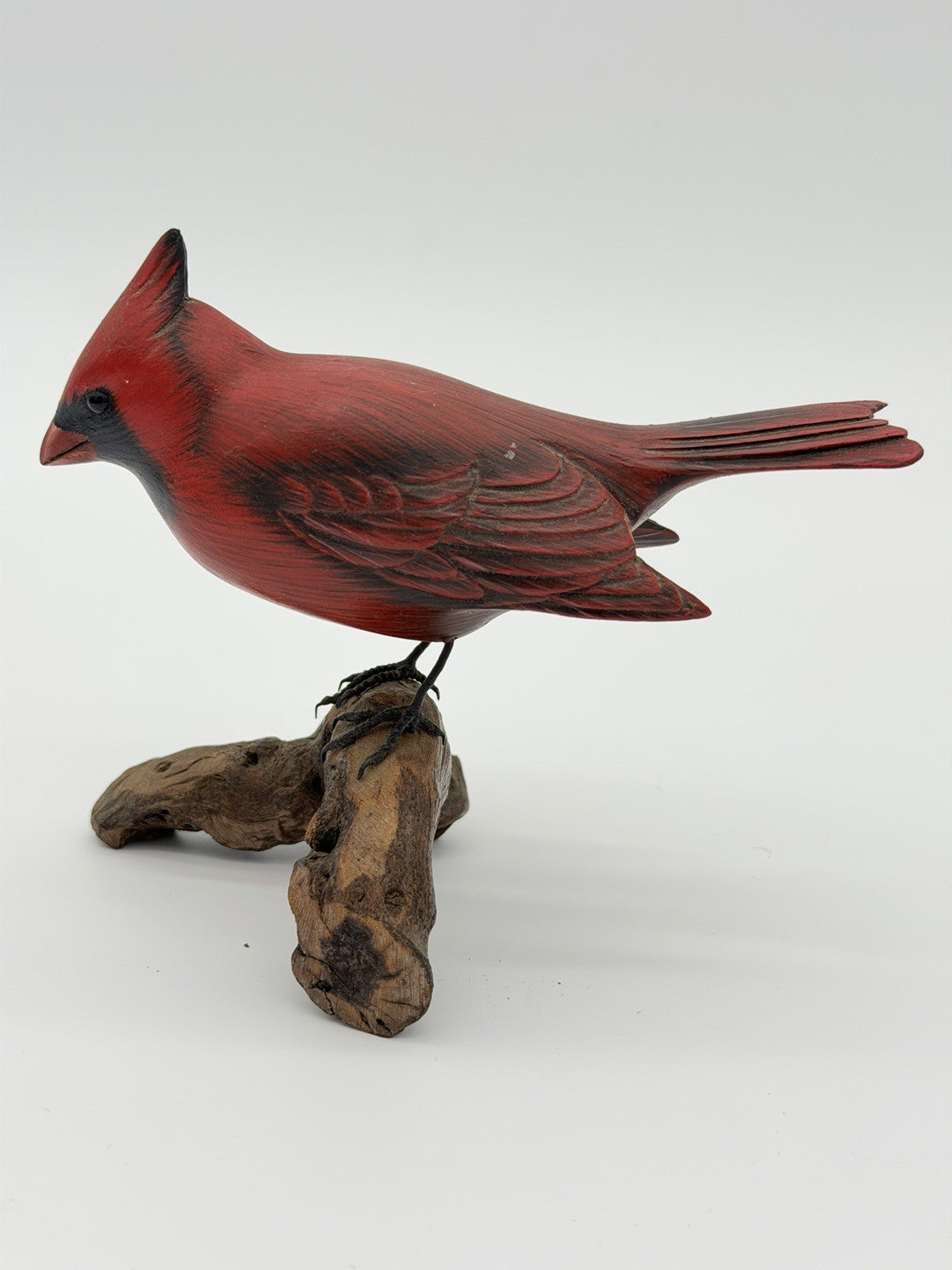 Folk Art Wood Hand Carved & Painted Northern Cardinal Bird Figurine Signed