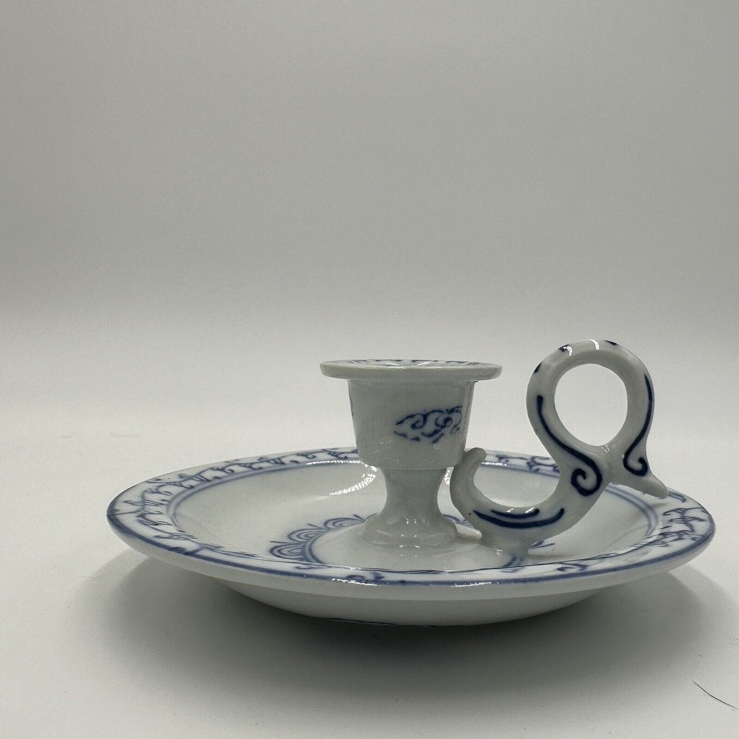 Ming Dynasty Candle Holder Vintage Glossy White & Blue Asian Decor Porcelain