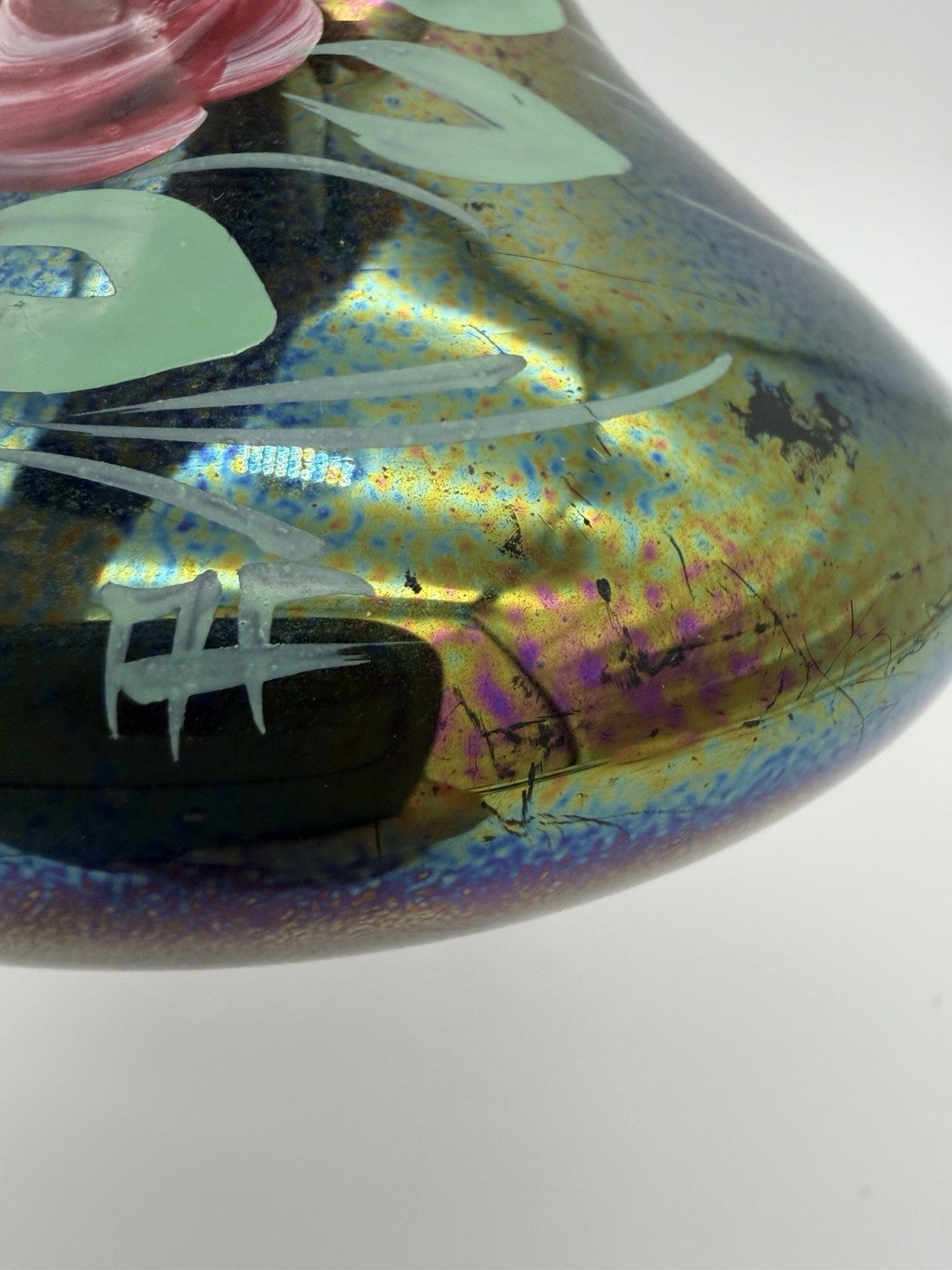 Vintage Art Nouveau Iridescent Art Glass Painted Rose Signed Vase 9”H
