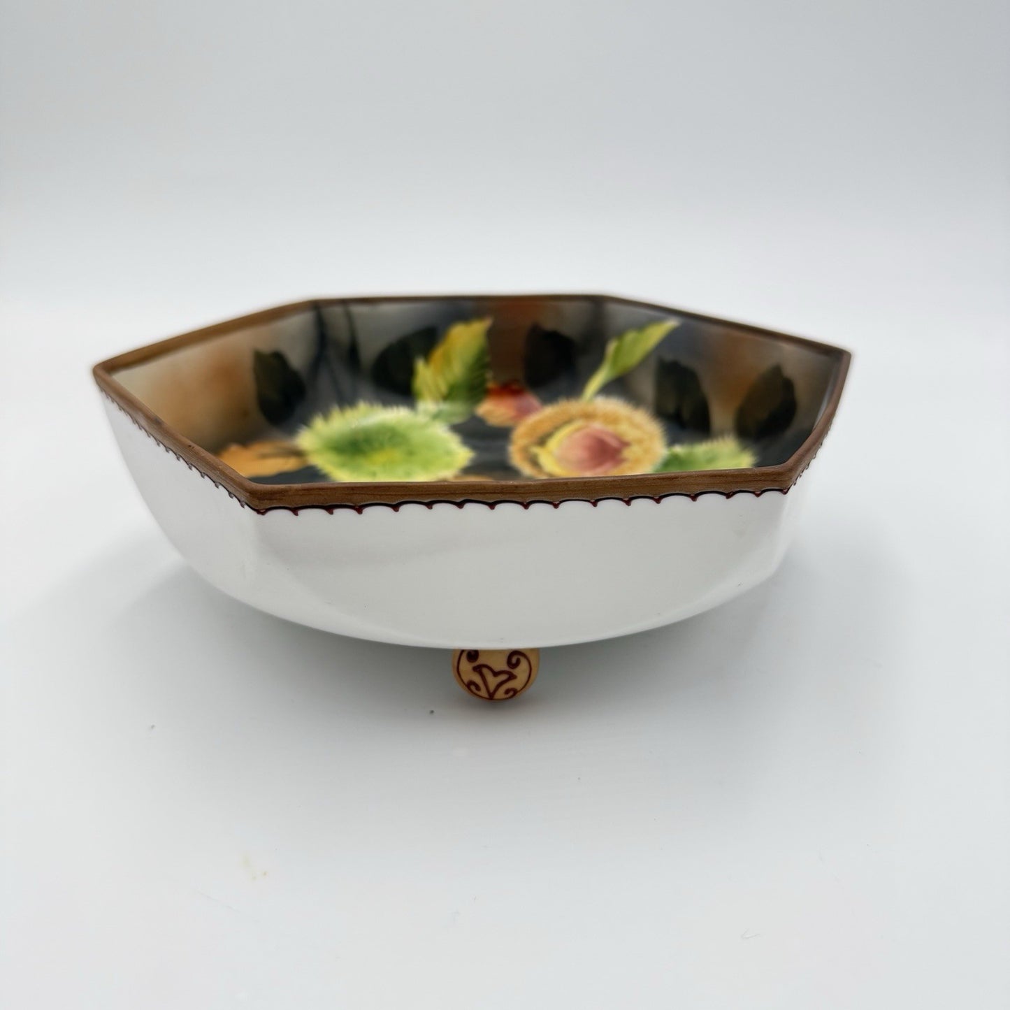 Antique Nippon Morimura Hand Painted Chestnuts Bowl Circa 1911-1922 Hexagonal