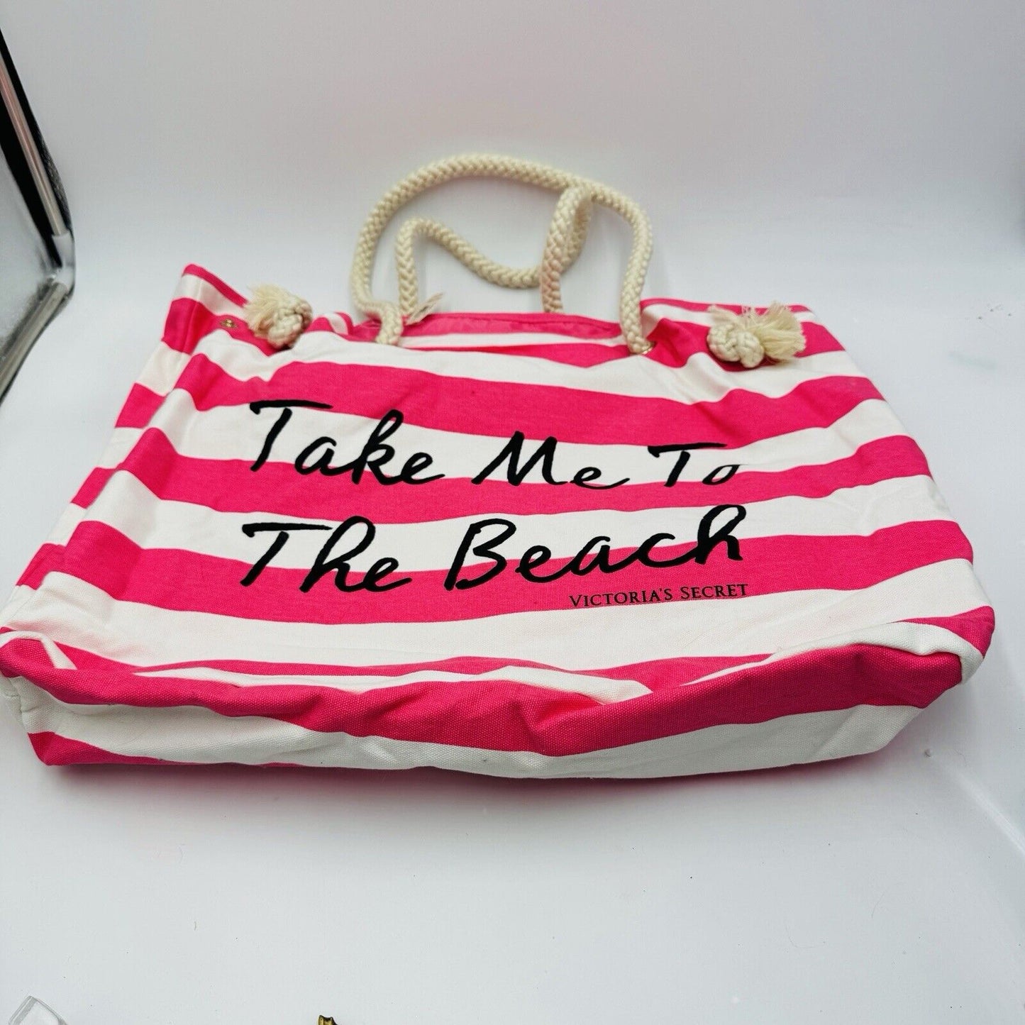 Victoria Secret’s Take Me To The Beach Canvas Striped Tote Bag Pink White New