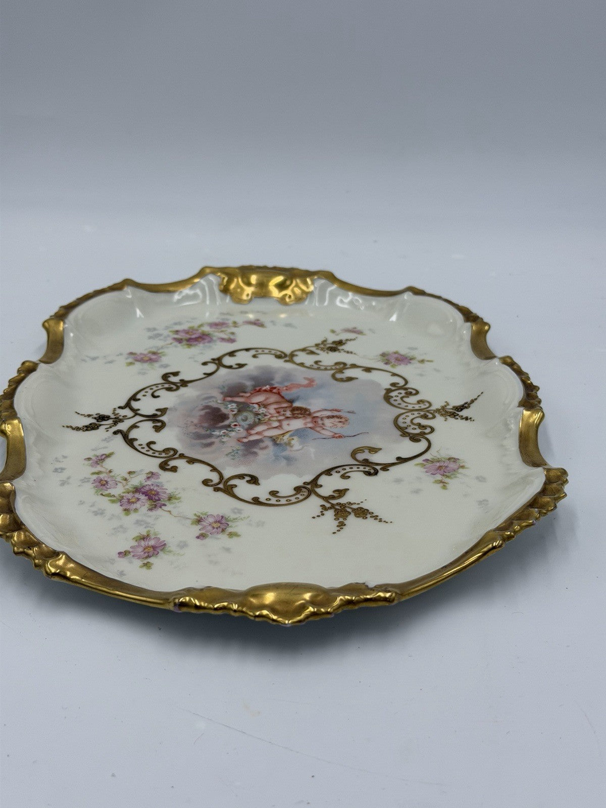 Antique AK Limoges France Cupid Cherubs Gilded Large Rectangle Platter Porcelain