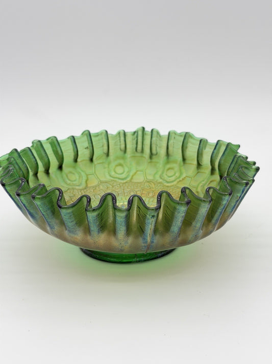 Fenton Art Glass Carnival Green Iridescent Persian Medallion Bowl 2.5”Hx7” Antiq
