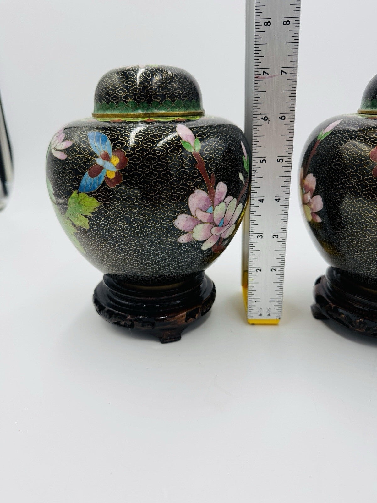 Vintage Cloisonne Brass Enameled Ginger Jar Floral Butterfly Inlay Design 7in